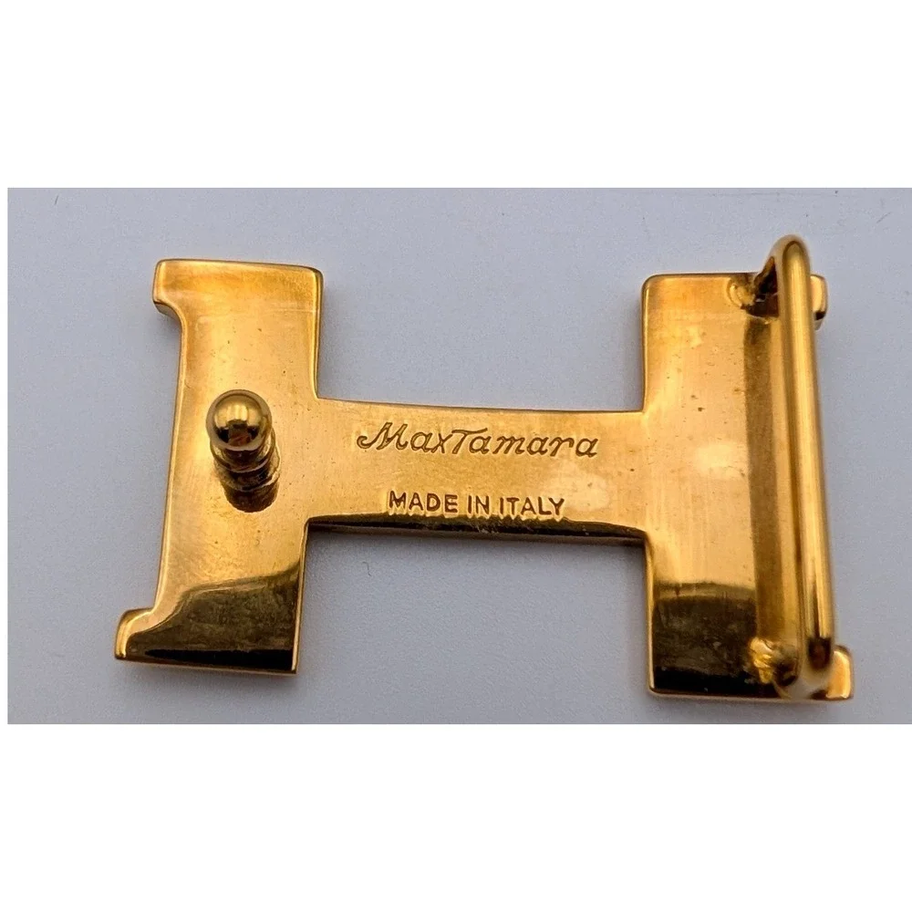 MaxTamara Ostrich Embossed Leather Belt Tan Gold H Buckle Made in Italy 37.5in